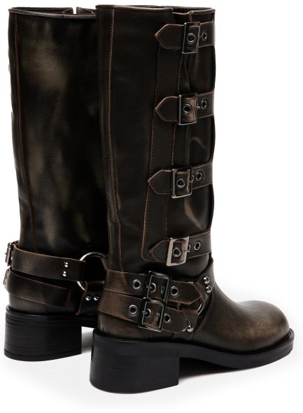 Mid Calf Boots for Women，Combat Boots with Buckle Chunky Heeled Square Toe Biker Boots