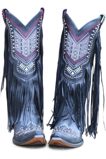 Fringe Embroidered Western Cowgirl Boots with Pointed Toe 