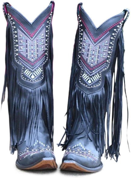 Fringe Embroidered Western Cowgirl Boots with Pointed Toe