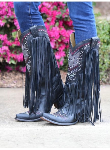 Fringe Embroidered Western Cowgirl Boots with Pointed Toe
