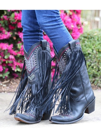 Fringe Embroidered Western Cowgirl Boots with Pointed Toe