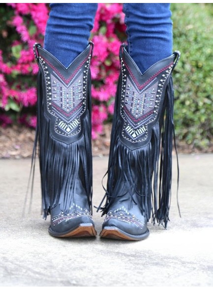 Fringe Embroidered Western Cowgirl Boots with Pointed Toe