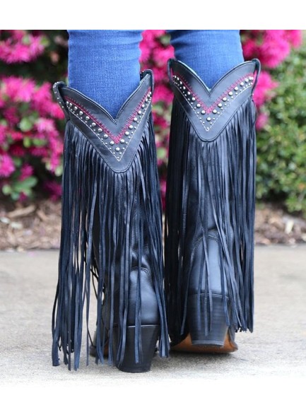 Fringe Embroidered Western Cowgirl Boots with Pointed Toe