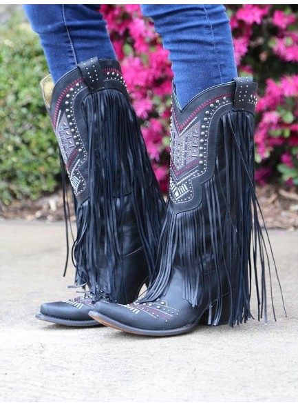 Fringe Embroidered Western Cowgirl Boots with Pointed Toe