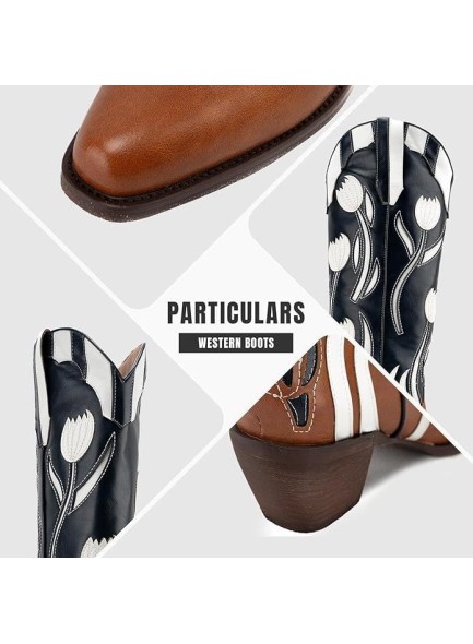 Womens Cowboy Boots,Mid Calf Cowgirl Boots with Embroidered Pointed Toes，Chunky Heels for Women with Floral