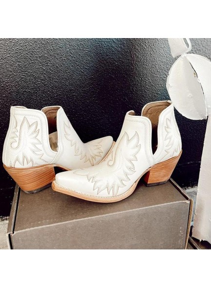 Western Embroidery Ankle Boots with Pointed toe,Chunky Heel Cowgirl Booties