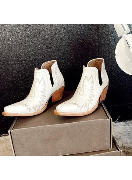 Western Embroidery Ankle Boots with Pointed toe,Chunky Heel Cowgirl Booties