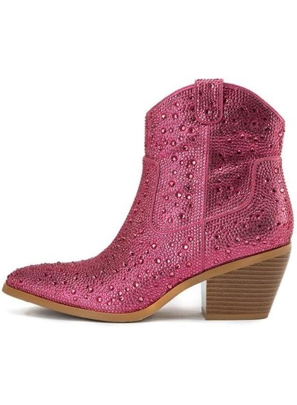 Rhinestone boots for women，Glitter Aankle Boots with Chunky Heels，Women's Cowboy Floral Side Zipper Boots