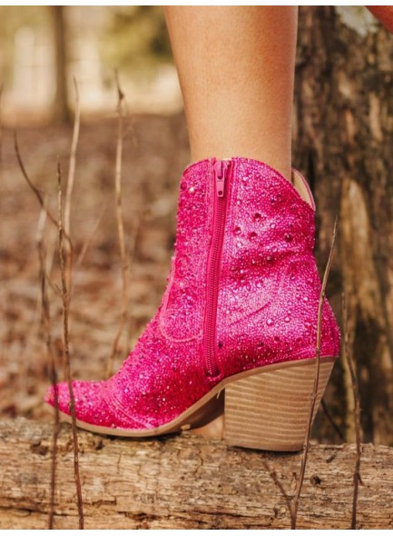 Rhinestone boots for women，Glitter Aankle Boots with Chunky Heels，Women's Cowboy Floral Side Zipper Boots