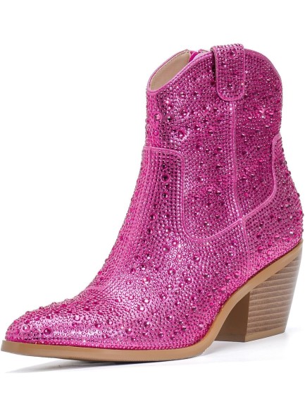 Rhinestone boots for women，Glitter Aankle Boots with Chunky Heels，Women's Cowboy Floral Side Zipper Boots