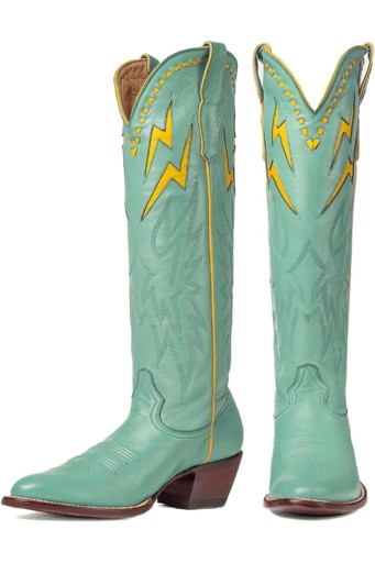 Knee High Cowboy Boots Women，Wide Calf Boots with Embroidered Lightning Inlay，Chunky Heel Round Toe boots