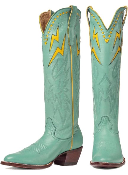 Knee High Cowboy Boots Women，Wide Calf Boots with Embroidered Lightning Inlay，Chunky Heel Round Toe boots
