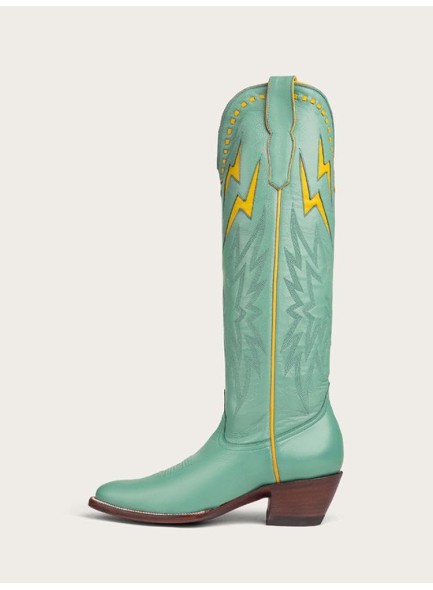 Knee High Cowboy Boots Women，Wide Calf Boots with Embroidered Lightning Inlay，Chunky Heel Round Toe boots