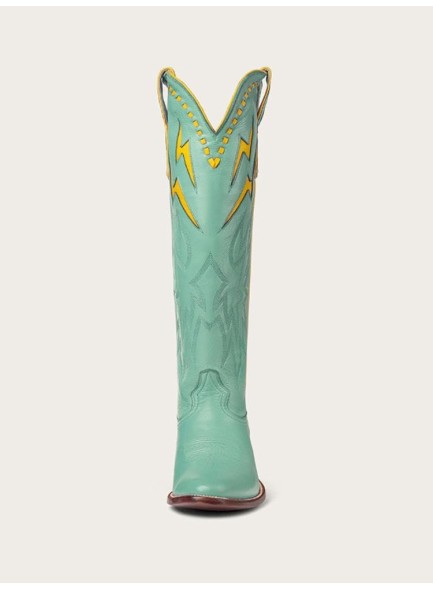 Knee High Cowboy Boots Women，Wide Calf Boots with Embroidered Lightning Inlay，Chunky Heel Round Toe boots