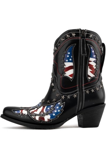 Ankle Boots for Women，Mid Calf Cowboy Boots with Star Rivet，Snip-toe Chunky Heel Flag Printing Western Boots