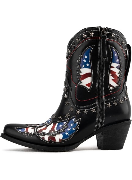 Ankle Boots for Women，Mid Calf Cowboy Boots with Star Rivet，Snip-toe Chunky Heel Flag Printing Western Boots