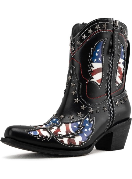 Ankle Boots for Women，Mid Calf Cowboy Boots with Star Rivet，Snip-toe Chunky Heel Flag Printing Western Boots