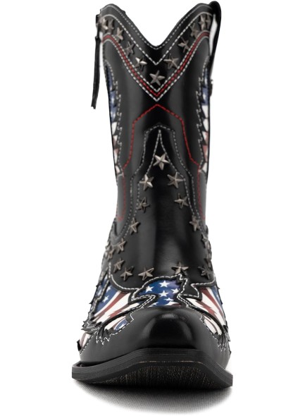 Ankle Boots for Women，Mid Calf Cowboy Boots with Star Rivet，Snip-toe Chunky Heel Flag Printing Western Boots