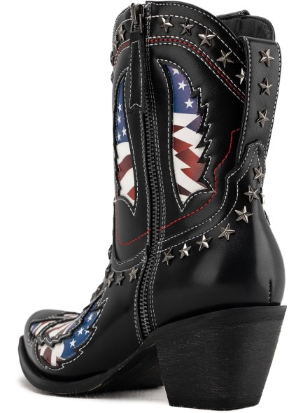 Ankle Boots for Women，Mid Calf Cowboy Boots with Star Rivet，Snip-toe Chunky Heel Flag Printing Western Boots
