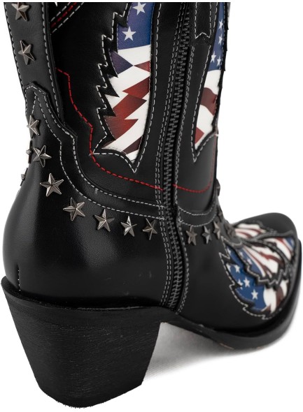 Ankle Boots for Women，Mid Calf Cowboy Boots with Star Rivet，Snip-toe Chunky Heel Flag Printing Western Boots