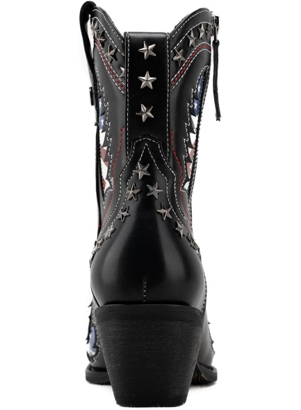 Ankle Boots for Women，Mid Calf Cowboy Boots with Star Rivet，Snip-toe Chunky Heel Flag Printing Western Boots