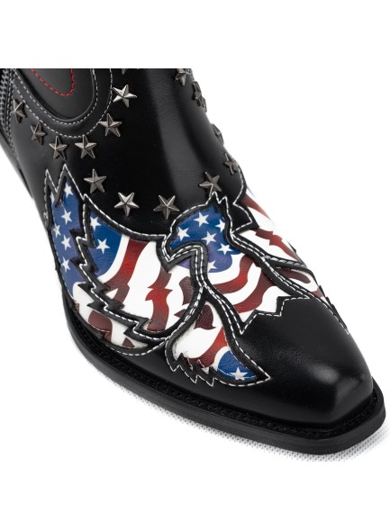 Ankle Boots for Women，Mid Calf Cowboy Boots with Star Rivet，Snip-toe Chunky Heel Flag Printing Western Boots