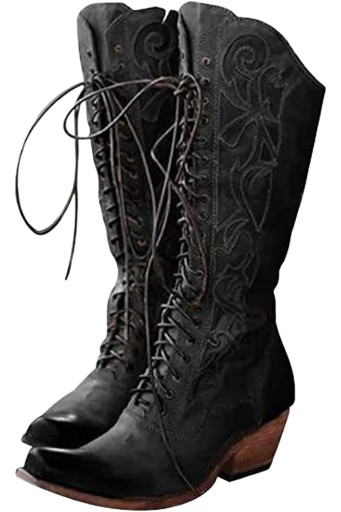 Mid Calf Cowboy Boots for Women, Snip Toe Women's Boots with Lace-up Chunky heel Riding Western Cowgirl Boots