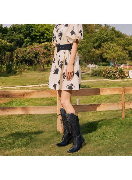 Mid Calf Cowboy Boots for Women, Snip Toe Women's Boots with Lace-up Chunky heel Riding Western Cowgirl Boots