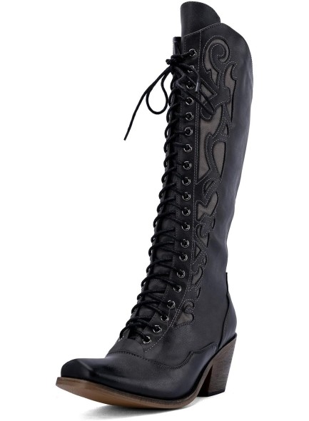 Mid Calf Cowboy Boots for Women, Snip Toe Women's Boots with Lace-up Chunky heel Riding Western Cowgirl Boots