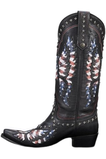 Ankle Boots for Women，Mid Calf Cowboy Boots with Star Rivet，Snip-toe Chunky Heel Flag Printing Western Boots