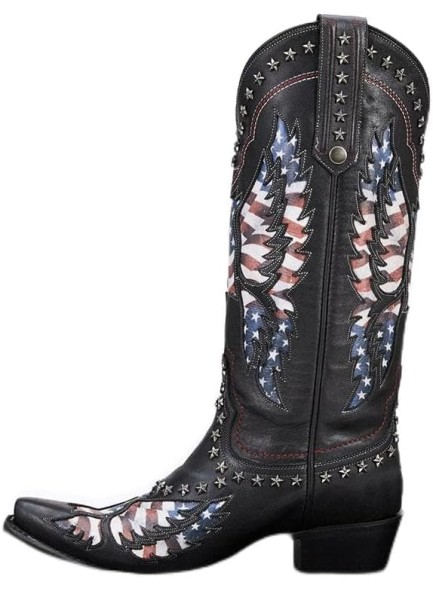 Ankle Boots for Women，Mid Calf Cowboy Boots with Star Rivet，Snip-toe Chunky Heel Flag Printing Western Boots