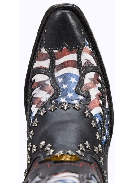Ankle Boots for Women，Mid Calf Cowboy Boots with Star Rivet，Snip-toe Chunky Heel Flag Printing Western Boots