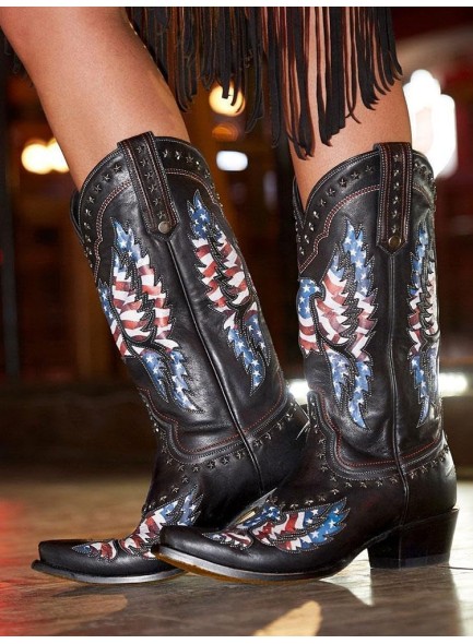 Ankle Boots for Women，Mid Calf Cowboy Boots with Star Rivet，Snip-toe Chunky Heel Flag Printing Western Boots