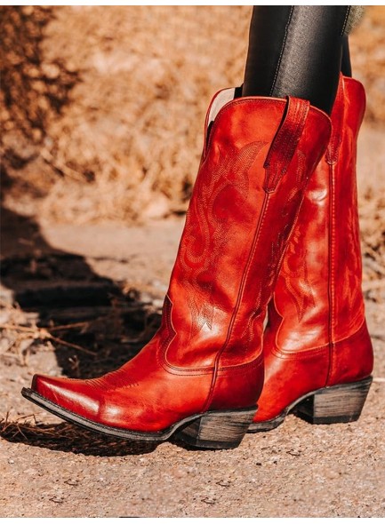 Embroidered Cowboy Boots for Women，Pointed Toe Women's Mid Calf Boot With Chunky Heel