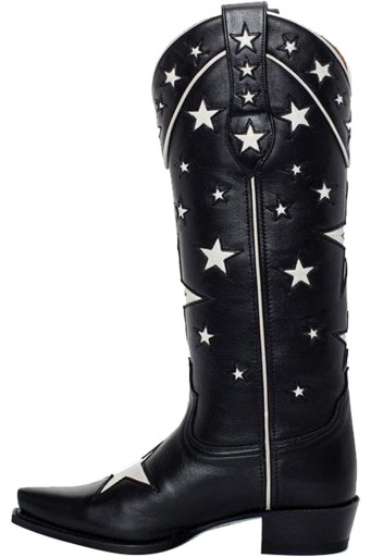 Cowboy Boots for Women，Western Cowgirl Boots with Chunky Heel White Stars Prints，Pointed Toe Mid Calf Boots 
