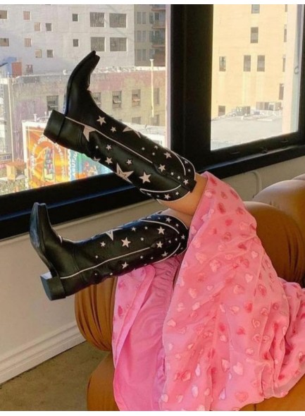 Cowboy Boots for Women，Western Cowgirl Boots with Chunky Heel White Stars Prints，Pointed Toe Mid Calf Boots