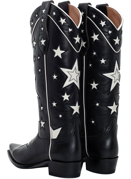 Cowboy Boots for Women，Western Cowgirl Boots with Chunky Heel White Stars Prints，Pointed Toe Mid Calf Boots