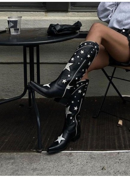 Cowboy Boots for Women，Western Cowgirl Boots with Chunky Heel White Stars Prints，Pointed Toe Mid Calf Boots