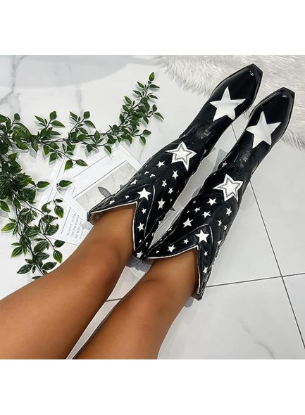 Cowboy Boots for Women，Western Cowgirl Boots with Chunky Heel White Stars Prints，Pointed Toe Mid Calf Boots