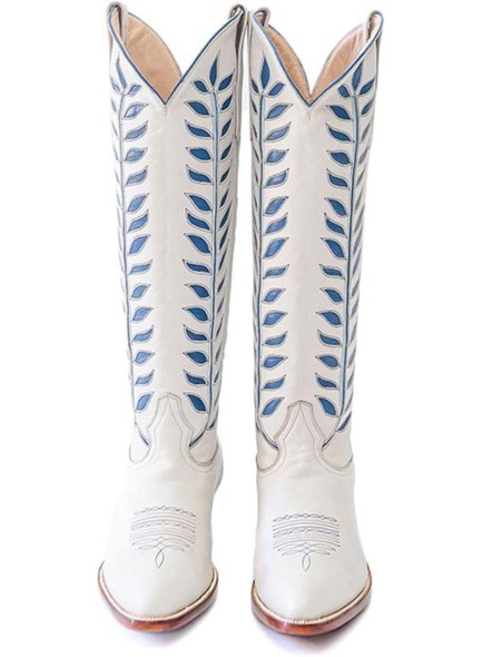 Wide Calf Cowboy Boots Women,Pointed Toe Embroidered Foliage Western Boots,Knee High Cowgirl Boots With Chunky Heel