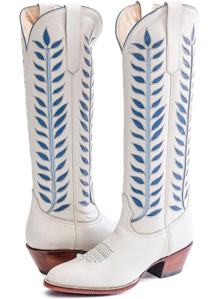 Wide Calf Cowboy Boots Women,Pointed Toe Embroidered Foliage Western Boots,Knee High Cowgirl Boots With Chunky Heel