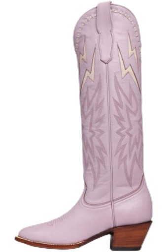 Knee High Cowboy Boots for Women，Embroidered Lightning Inlay Wide Calf Boots with Chunky Heel Round Toe 