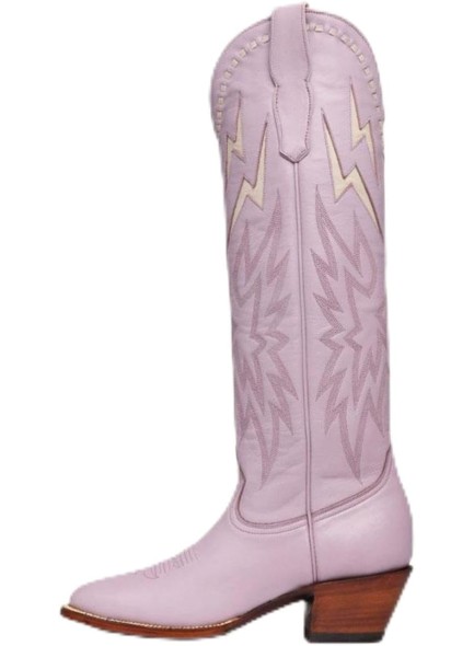 Knee High Cowboy Boots for Women，Embroidered Lightning Inlay Wide Calf Boots with Chunky Heel Round Toe
