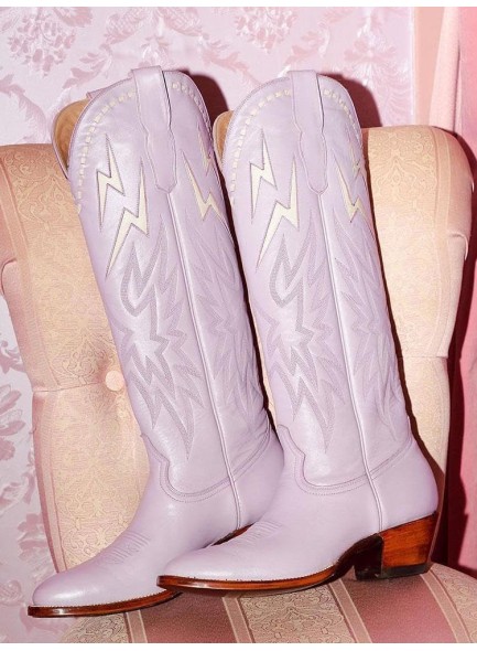 Knee High Cowboy Boots for Women，Embroidered Lightning Inlay Wide Calf Boots with Chunky Heel Round Toe