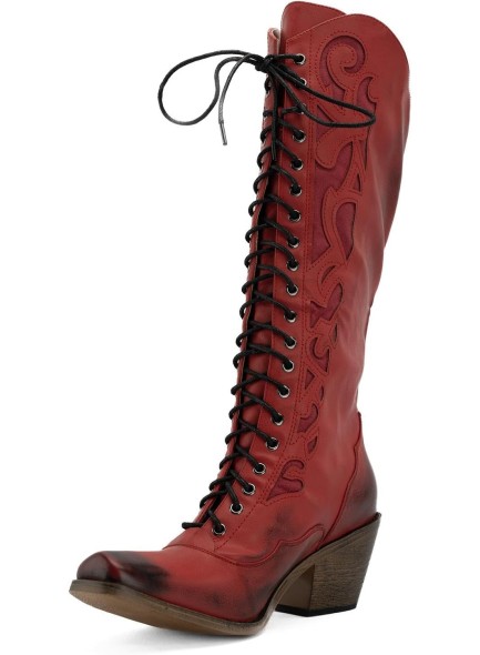 Mid Calf Cowboy Boots for Women, Lace-up Chunky heel Women's Boots with Snip Toe Riding Western Cowgirl Boots