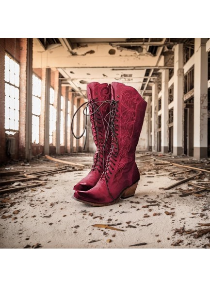 Mid Calf Cowboy Boots for Women, Lace-up Chunky heel Women's Boots with Snip Toe Riding Western Cowgirl Boots